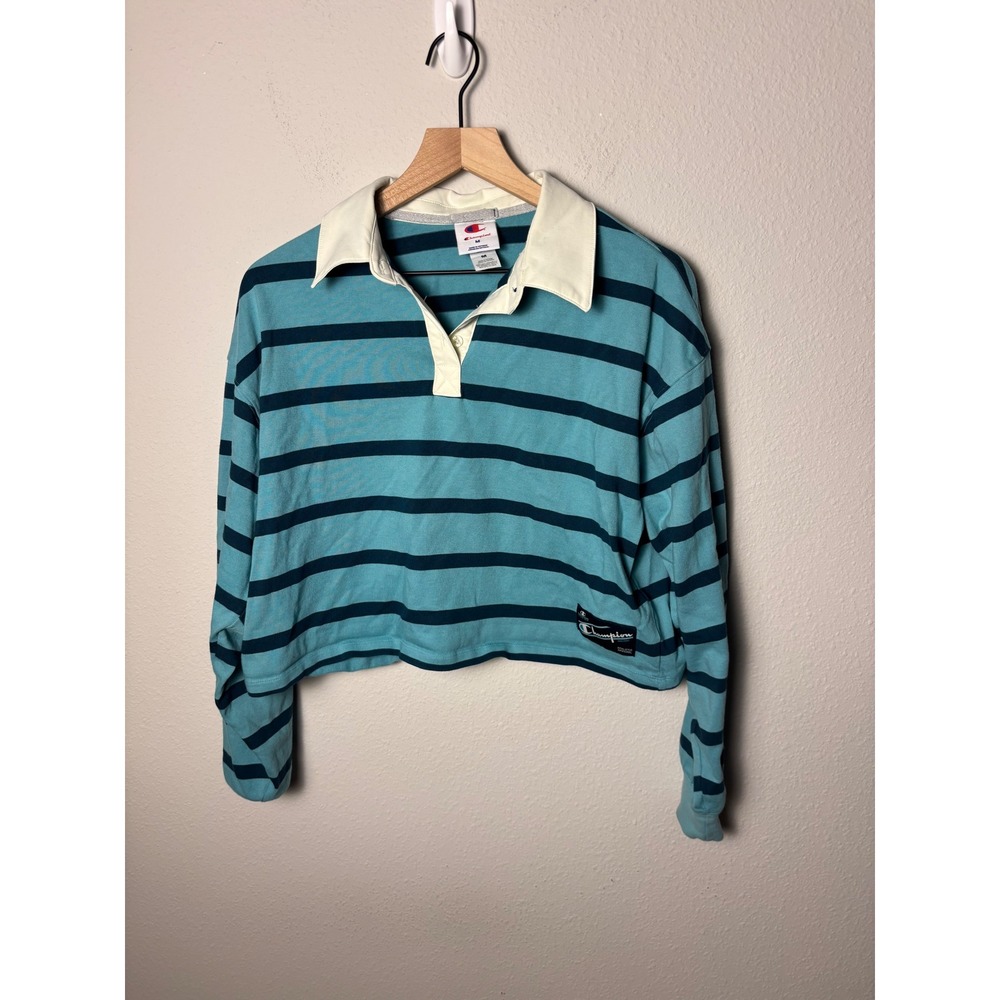 Champion Womens Cropped Rugby Shirt Teal Blue Striped Long Sleeve Cotton Small